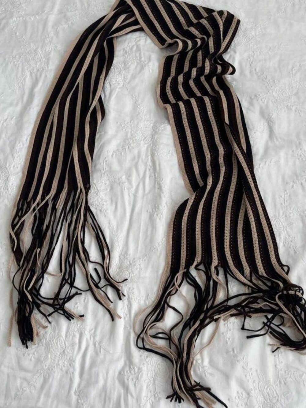 Handmade Black & Beige Striped Crochet Knit Scarf - Cozy Long Fringe Tassel Wrap